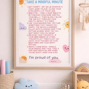 May include: A framed print with the text "Take a Mindful Minute" and instructions for mindfulness. The image includes cartoon suns, clouds, and a rainbow. A plush cloud and sun are in the foreground, with a yoga mat and basket.