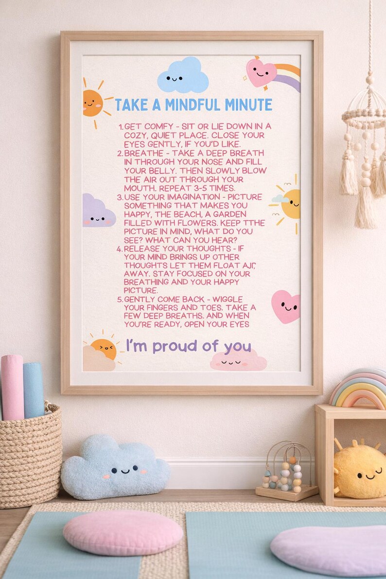 May include: A framed print with the text "Take a Mindful Minute" and instructions for mindfulness. The image includes cartoon suns, clouds, and a rainbow. A plush cloud and sun are in the foreground, with a yoga mat and basket.