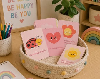 May include: A round, cream-colored woven basket with small, multi-colored pom-poms contains a stack of pink affirmation cards. Each card features a cartoon illustration, such as a ladybug, a heart, or a flower, with text including My feelings matter, I am a good friend, and I learn something new every day.
