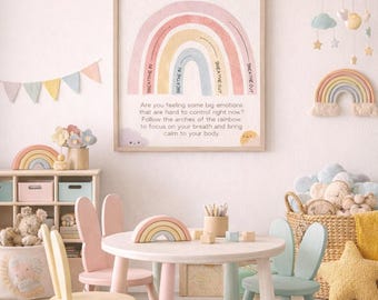 May include: A children's playroom with a rainbow theme. The room features a framed "Rainbow Breaths" poster, a round table, and chairs with bunny ear backs. A rainbow rug and decorative elements complete the scene.