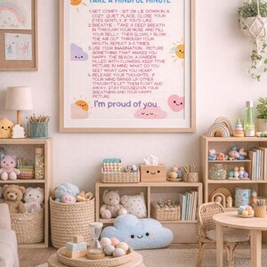 May include: A cozy, light-filled room with a mindfulness theme. A framed poster with the text "Take a Mindful Minute" hangs above a round woven coffee table. Shelves display toys, books, and decorative items. A cloud-shaped pillow and floor cushions add to the calming atmosphere.