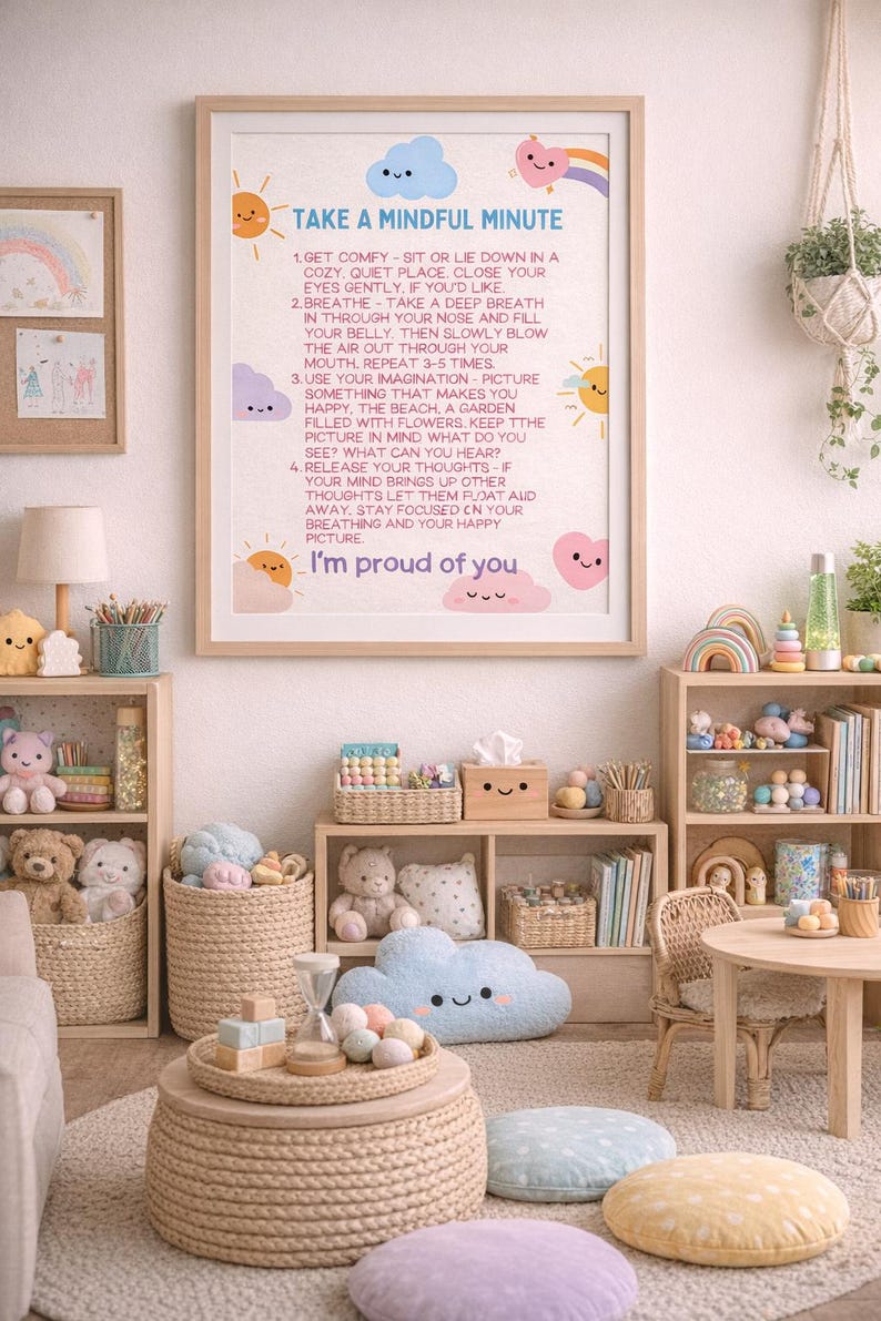 May include: A cozy, light-filled room with a mindfulness theme. A framed poster with the text "Take a Mindful Minute" hangs above a round woven coffee table. Shelves display toys, books, and decorative items. A cloud-shaped pillow and floor cushions add to the calming atmosphere.