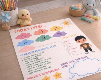 May include: A printed worksheet with the text "Today I Feel..." and "To Make Me Feel Better I Can..." is displayed on a wooden table. The worksheet features colorful cloud illustrations and a section to write thoughts. A plush chick and pencils are nearby.