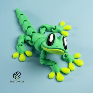 Può includere: Un giocattolo a forma di lucertola verde articolata con accenti gialli sui piedi. La lucertola ha grandi occhi bianchi con pupille nere ed è posizionata su una superficie azzurra. Il logo "ONTOM3D" è visibile in basso a sinistra.