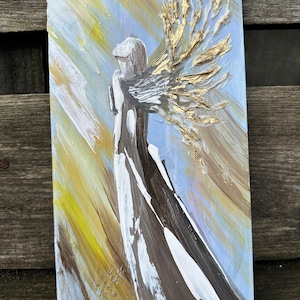 peinture originale ange sur panneau acrylique 3d ailes d'or