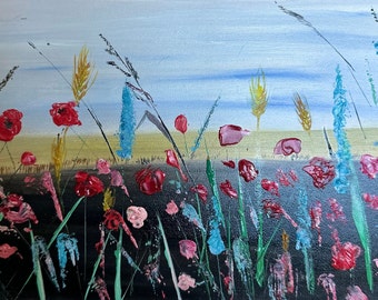 Poopy veld-abstract landschap olieverfschilderij rood schilderij origineel in pointillisme stijl rustieke veld bloemen artwork