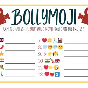 BOLLYMOJI - Juego de adivinar la película de Bollywood, Juego de emojis, Juego Desi, Despedida de soltera de Bollywood, Despedida de soltera de Bollywood, Imprimible