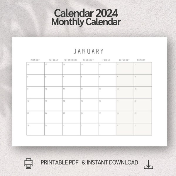 Calendrier 2024 | Calendrier imprimable | Calendrier mensuel | Modèle de calendrier | PDF et téléchargement numérique | Format A4 + A3