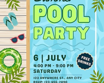 Summer Pool Party Digital Invitation - Bright and Colorful, Editable, Customize, Immediate Download