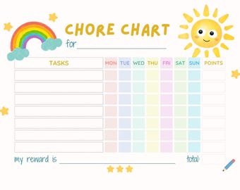 Colorful Kids Chore Chart; Digital Download, Print and customize for your family