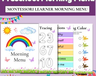 Montessori Preschool Morning Menu, Homeschool Resource Bundle |  Letter Tracers, Pre-K Worksheets, Trace Numbers, Homeschool Menu PDF
