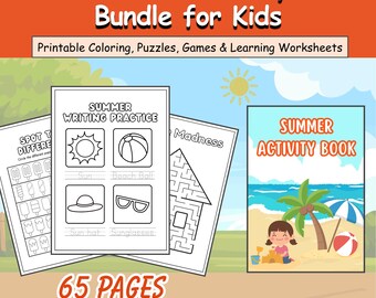 Summer Activity Bundle for Kids Printable  65 Pages Preschool Worksheets Coloring, Puzzles, Games Homeschool Learning Pack Toddler Busy Book
