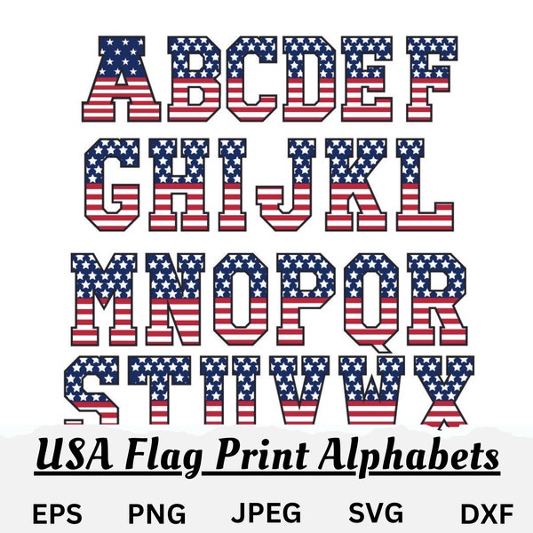 USA Flag Patriotic Doodle Letters svg Flag Alphabet svg , png ,jpg ,eps , dxf , clipart file Sublimation Alpha Set Designs, Digital Download