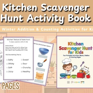 以下が含まれることがあります： 「Kitchen Scavenger Hunt Activity Book」というアクティビティブック。子供向けの冬の足し算と数え方の楽しいアクティビティのページがあります。キッチンのテクスチャと味覚ハント、キッチンアイテムの識別などのページが含まれています。