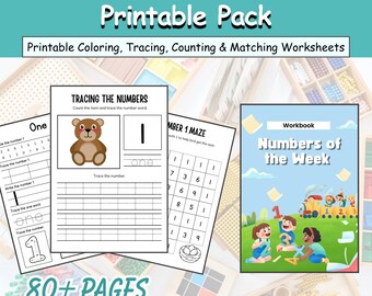 Number of the Week Printable Worksheets, Number 1–80 + pages , Number Tracing, Number Counting, Preschool Curriculum, Toddler Workbook