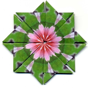 May include: A pink and green origami flower with a symmetrical design. The flower is made of paper and has a star-shaped base.
