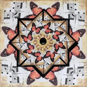 May include: A square decorative art piece featuring a central black button surrounded by a star-shaped collage of orange and black butterfly images layered over vintage sheet music and aged paper with a repeating symmetrical pattern.