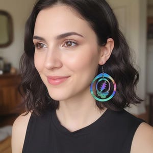 Grateful Dead "Steal Your Face" Iridescent Rainbow Hoop Earrings - Hippie Festival Jewelry, Deadhead Fan Gift, Psychedelic Dangle Earrings