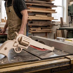 May include: A wooden toy revolver rests on a table saw in a workshop. The toy gun is light-colored, with a detailed design. A person wearing an apron is in the background. Other woodworking tools are visible.