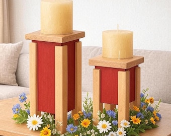Handcrafted Wooden Pillar Candle Holder Set,Square Candle Display,Square Top Pedestal,Natural Wood Grain,Nesting Display Pedestals