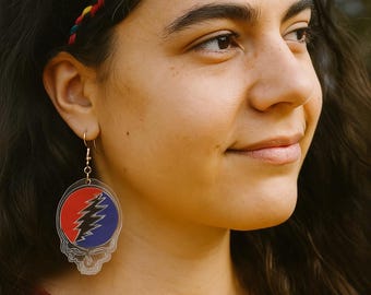 Grateful Dead Inspired Skull Earrings - Red Blue Lightning Bolt Design - Unique Handmade Jewelry Grateful Dead Steal Your Face Acrylic Earri