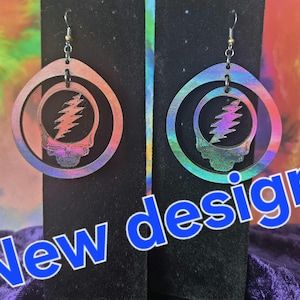 Grateful Dead hooped style wooden walnut earrings,grateful dead inspired jewelry,grateful dead handcrafted earrings,grateful dead stealie