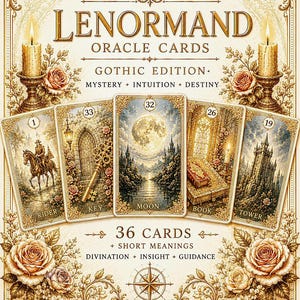 May include: A Lenormand Oracle Cards Gothic Edition deck featuring 36 cards with gold-toned ornate borders, roses, and candles. The box displays five cards labeled Rider, Key, Moon, Book, and Tower, with text including Mystery, Intuition, Destiny, and Divination.