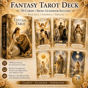 May include: A Fantasy Tarot deck set featuring a box and 78 illustrated cards with gold-toned floral borders. The cards display figures like The Lovers, The Chariot, The Empress, The Sun, The Hermit, and The Star. Text includes Fantasy Tarot.