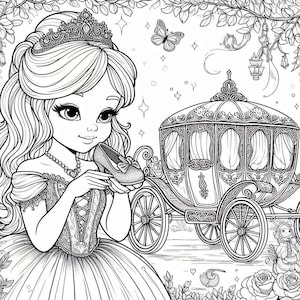 Fairy Tale Princess Coloring Pages  Cinderella Printable PDF  Magical Carriage and Glass Slipper Art Coloring 1 PDF 5 pages
