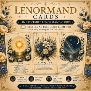 May include: A set of 36 printable Lenormand cards featuring a vintage aesthetic with cream backgrounds and blue floral accents. The cards display the Sun, Bouquet, and Stars, each with descriptive text, alongside a 7-page PDF quick guide.
