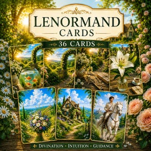 May include: A deck of Lenormand cards featuring 36 cards with various illustrations including a goldfish bowl, a garden archway, a white lily, a bouquet of flowers, a cottage, and a person riding a white horse, labelled Divination, Intuition, Guidance.