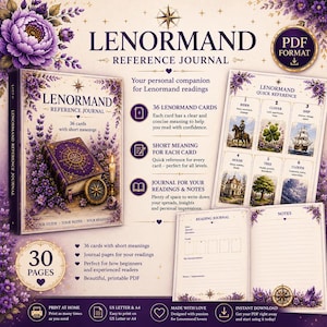 May include: A Lenormand Reference Journal in PDF format featuring 30 pages for readings and notes. The cover displays a purple book with a compass design surrounded by lavender flowers. Includes a quick reference guide for 36 cards.