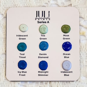 Handgemaakte verf, aquarel metallic verf, aquarel stipkaart, tester verfkaart, sampler testkaart aquarelverf serie A-E