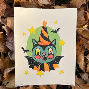 Linocut Vintage BAT, Spooky Halloween Art Print | 4.75x6 | Fall Gift