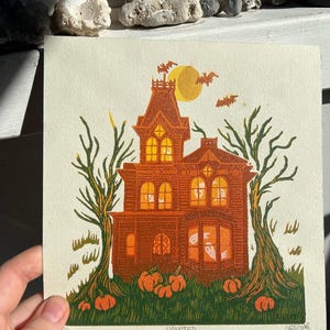 Spooky Halloween Haunted House Ghost Linocut Prints 7&quot;x7.75&quot;