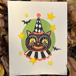 Linocut Vintage Circus Cat, Spooky Halloween Art Print | 4.75x6 | Fall Gift