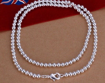 925 Sterling Silver Necklace Ball Bead 4mm Shiny 20" with Free Velvet Gift Bag