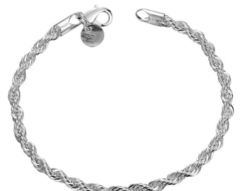 925 Sterling Silver Twisted Rope Bracelet 3mm Chain Link Fancy