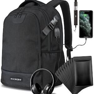 May include: A black backpack with the brand name INNOSCENT on the front, featuring a side USB port, a pair of black over-ear headphones, a black smartphone charging via a cable, and a stack of ten small black rectangular pouches.