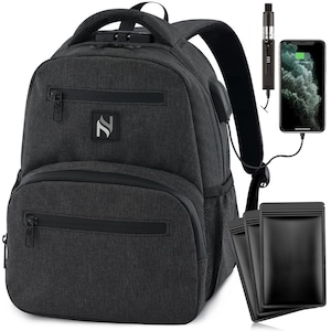 May include: A charcoal grey backpack featuring a combination lock on the top handle, multiple zipped compartments, and a side USB charging port. The backpack is shown with a connected smartphone, a portable electronic device, and three black pouches.
