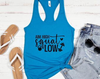 Aim High Squat Low Racerback Tank Top | Motivational Workout Shirt | Cute Fitness Apparel | Women's Gym Wear | Gift for Fitness Lovers