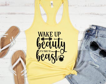 Wake Up Beauty It's Time To Beast Racerback Tank Top | Motivational Workout Shirt | Funny Fitness Apparel | Women's Gym Wear | Fitness Gift
