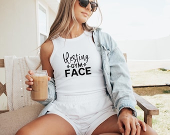 Resting Gym Face Tank Top | Micro Rib Racer Tank Top | Summer Essential | Cute Fitness Top | Gym Tank Top | Workout Shirt