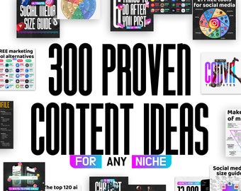 Pode incluir: Uma colagem de imagens com dicas e ideias para criar conteúdo para as redes sociais. As imagens apresentam várias plataformas de redes sociais, incluindo Instagram, Facebook e TikTok. O texto nas imagens inclui frases como "300 ideias de conteúdo comprovadas", "120 ferramentas malucas para redes sociais" e "13 maneiras de encontrar ideias de conteúdo viral".