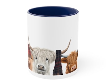 Vacas das montanhas em lenços xadrez: caneca de café de cerâmica rural escocesa de 11 onças