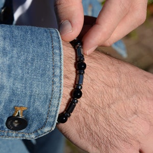 Hematite Mens Bracelet, Gift For Father Bracelet, Handmade Jewelry, Mens Halloween Gift Bracelet, Beaded Bracelet