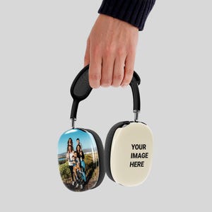 May include: Over-ear headphones held by a person. One ear cup features a family photo, the other has the text "YOUR IMAGE HERE" in black. The headphones have a black headband and ear cups with a cream-coloured exterior.