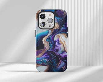 Royal Blue Abstract Liquid Art Phone Case: Glitter Gold Paint for iPhone, Samsung, Huawei, Google Pixel, XiaoMi Mobile Phones
