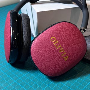 Red Leather Airpod Max Case, Gold Silver Foil Engraved Personalized Monogram Airpod Max Case, Unique Gift Leather Case