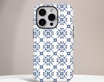 Blue Italian Mosaic Tiles Phone Case: Protective Hybrid Cover for iPhone, Samsung, Huawei, Google Pixel, XiaoMi Mobile Phones